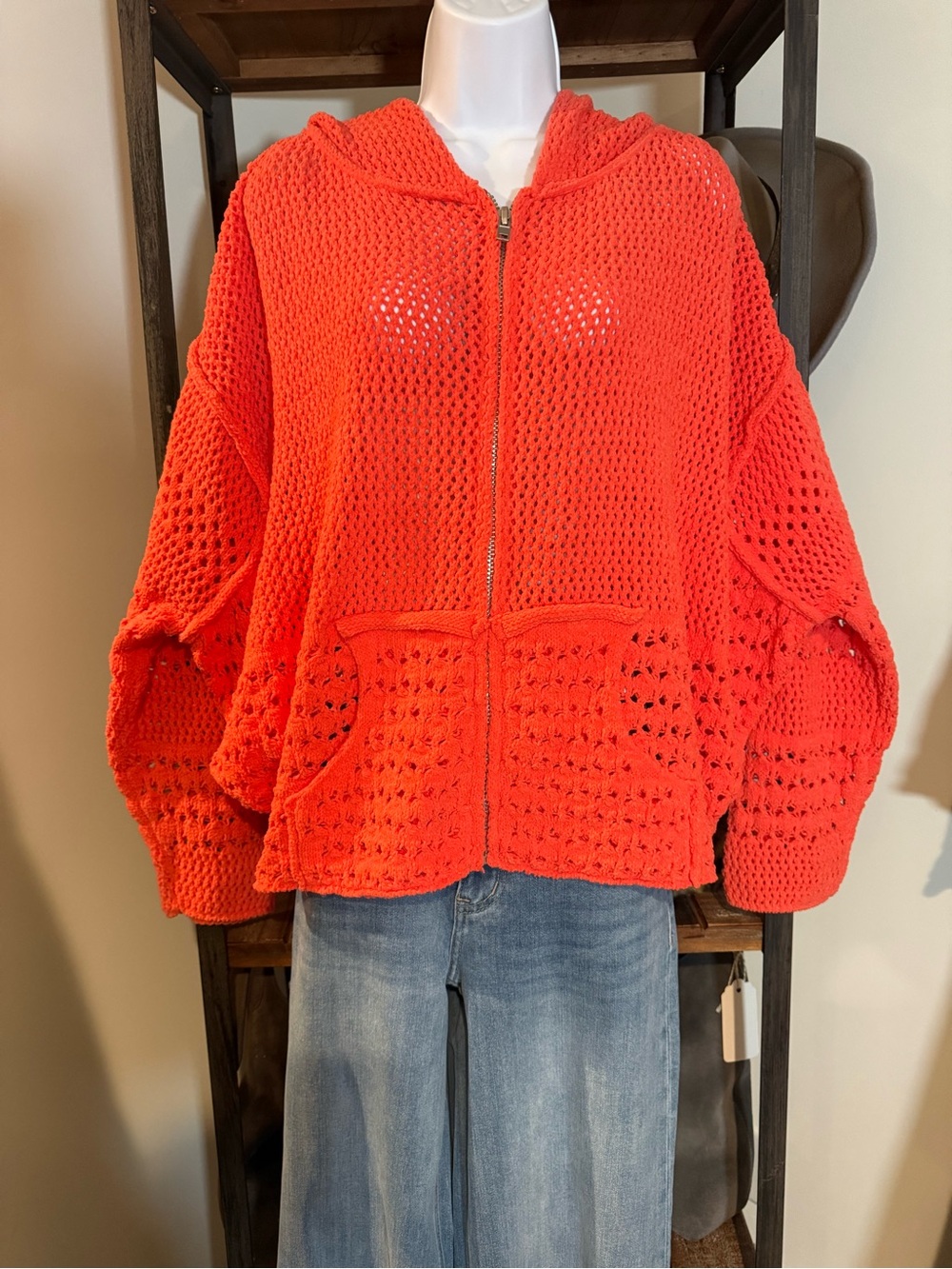 POL Bright Coral Crocheted Hooded Zip Jacket